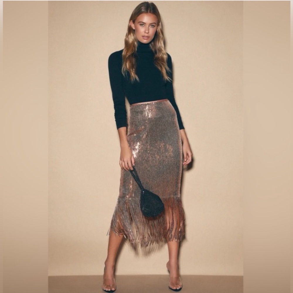 Lulus Rose Gold Sequenced Midi Fringe skirt